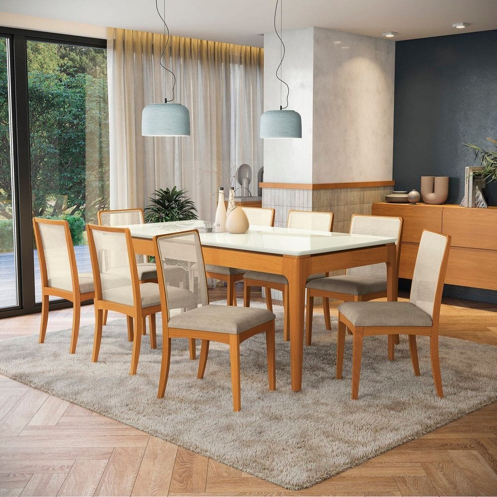 Conjunto Mesa com 8 Cadeiras Madeira Maciça Tampo em Mdf e Vidro Temperado Mira Marrom/Off White/Cinza