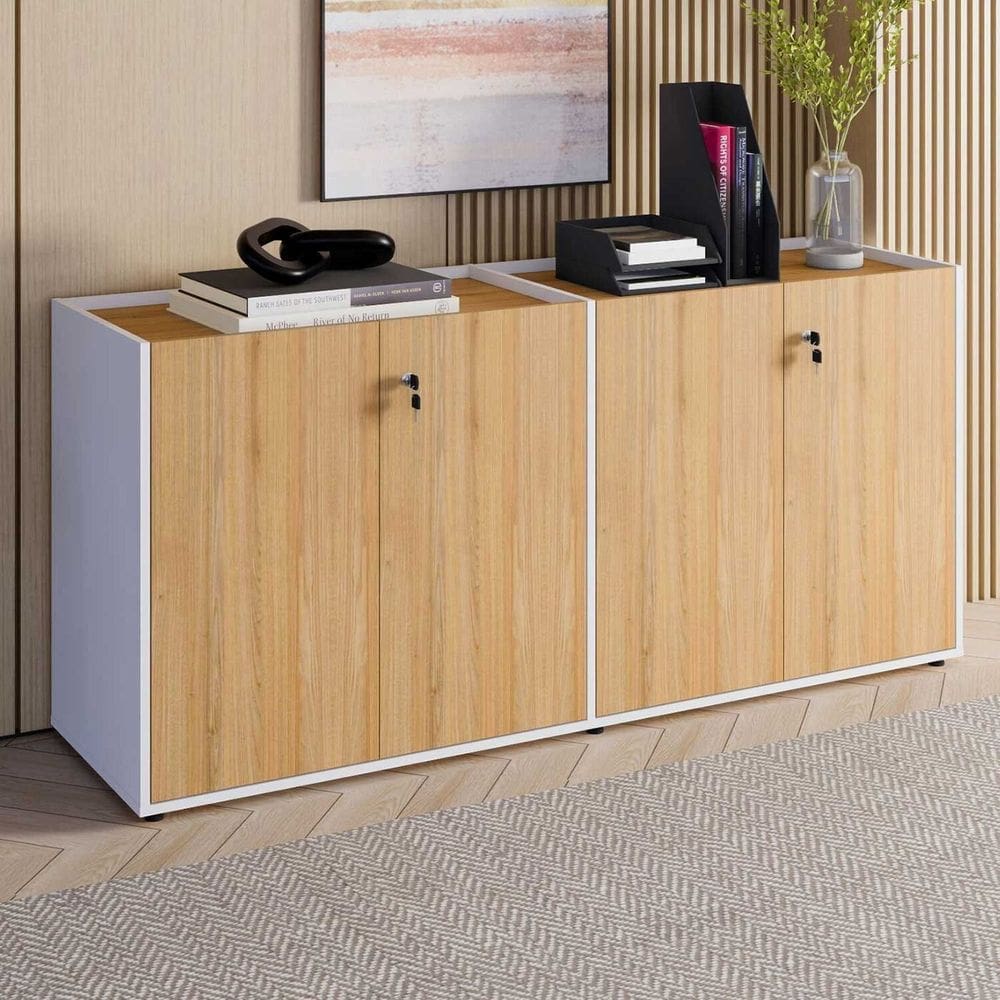 Armário Baixo 158,5cm Duplo com 4 Portas Tampo Embutido Corporate Macadâmia / Branco