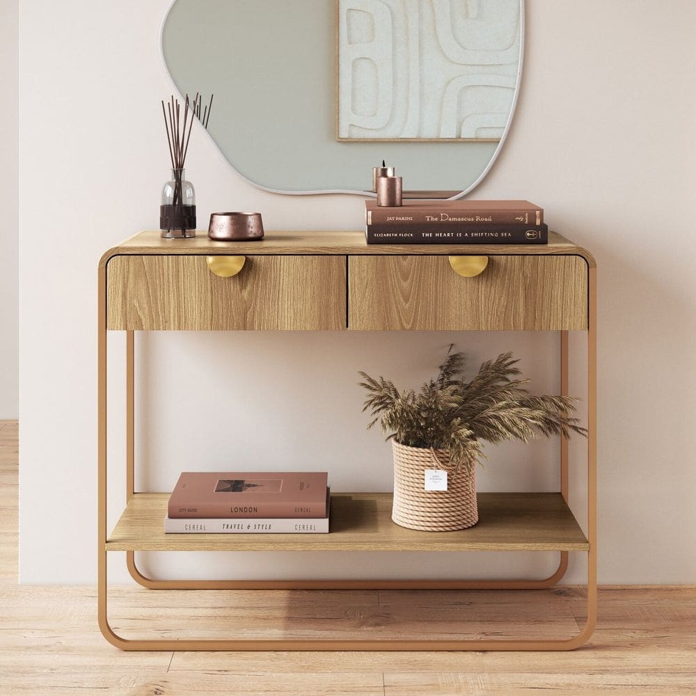 Aparador 2 Gavetas 100cm Orgânico Pé Metal Luna Hanover/Dourado