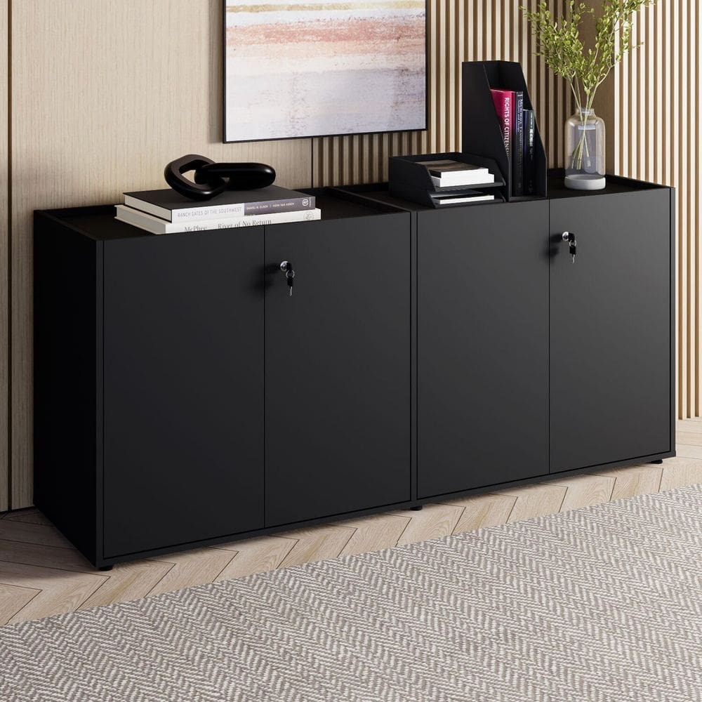 Armário Baixo 158,5cm Duplo com 4 Portas Tampo Embutido Corporate Preto