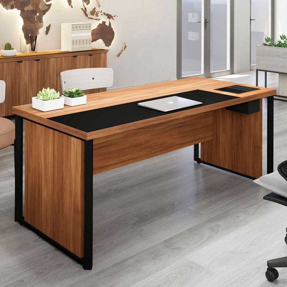 Mesa de Escritório 180cm Diretor com Caixa de Tomadas e Porta Objetos Corporate Nogal / Preto