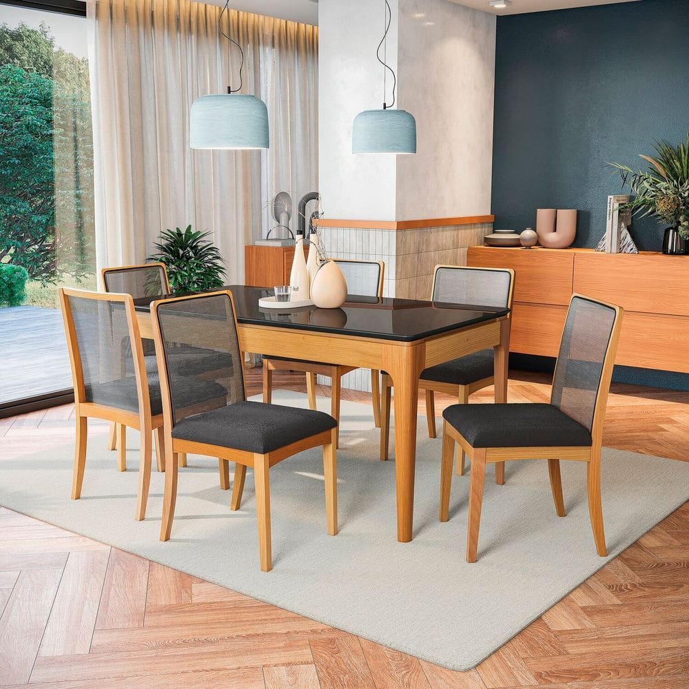 Conjunto Mesa com 6 Cadeiras Madeira Maciça Tampo em Mdf e Vidro Temperado Mira Natural/Preto/Titânio