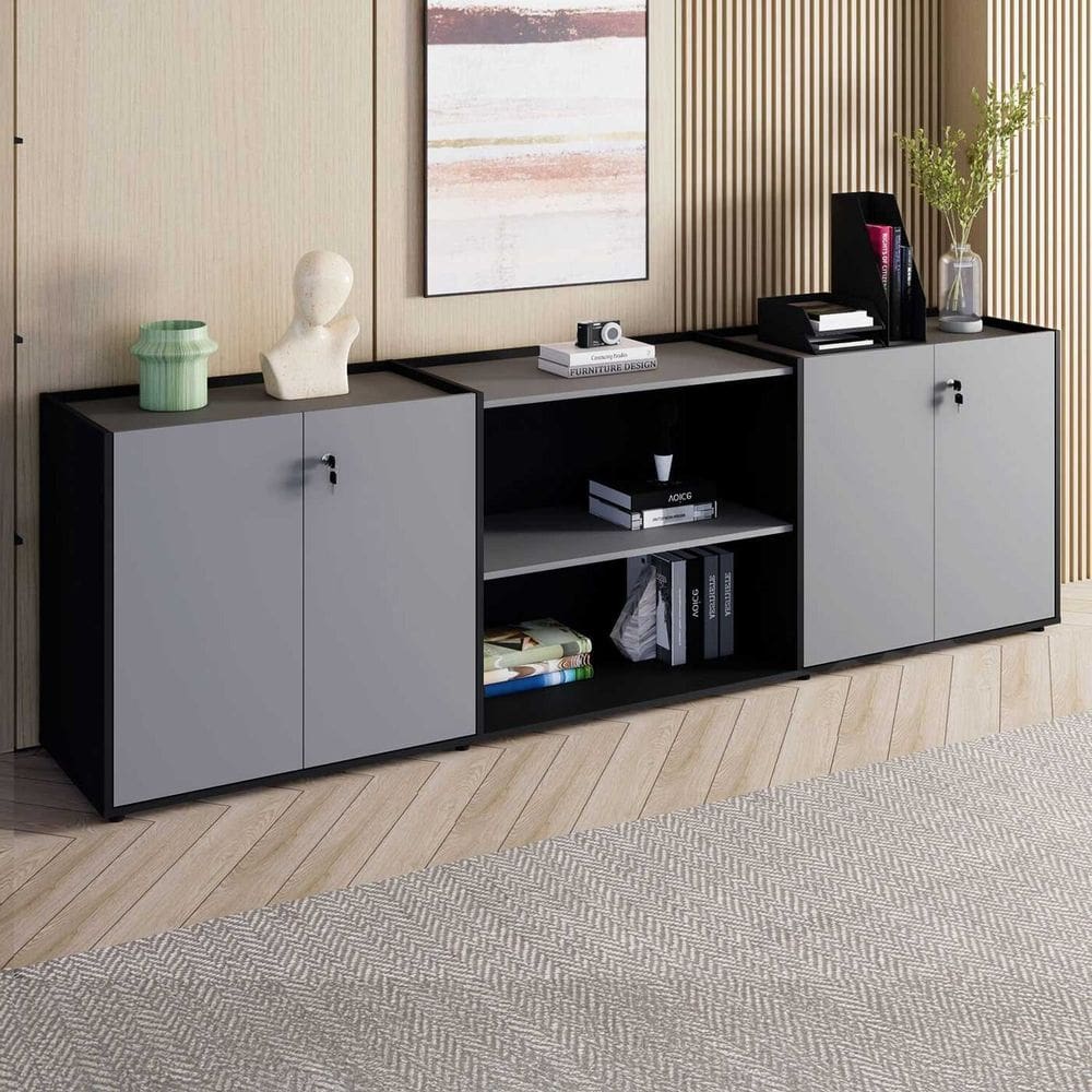 Armário para Escritório 240cm com 4 Portas Nicho e Tampo Embutido Corporate Cinza Sagrado / Preto