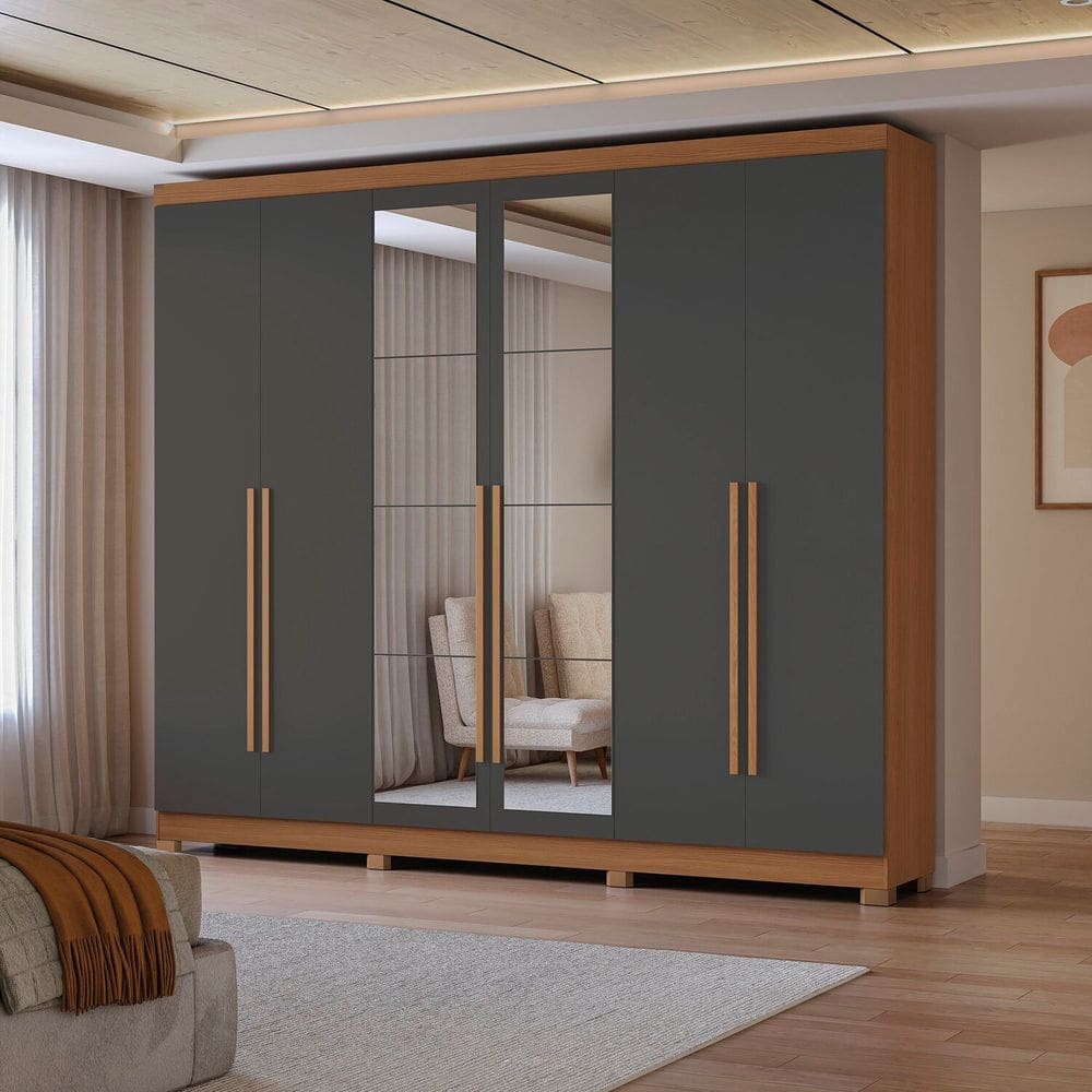 Guarda-roupa 6 Portas e 3 Gavetas com Espelhos e Pés Dormitorio Bigger Lo Canela/Grafite