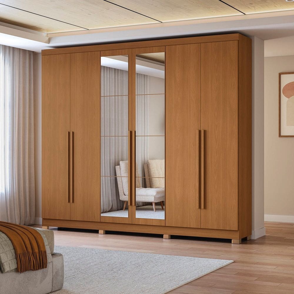 Guarda-roupa 6 Portas e 3 Gavetas com Espelhos e Pés Dormitorio Bigger Lo Canela