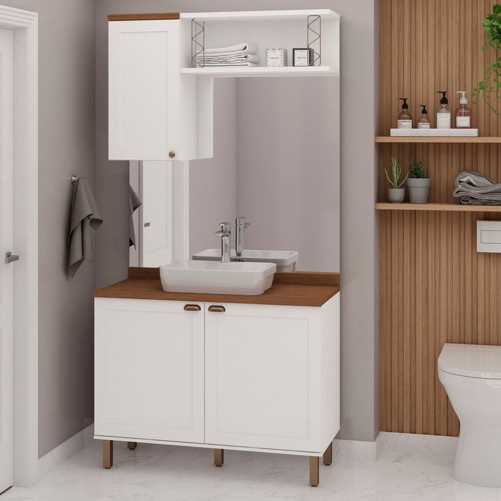 Conjunto de Banheiro Modulado 100% Mdf Americano 3 Peças Iluminata Branco/Ébano