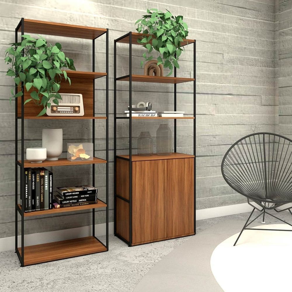 Estante Industrial 172cm Prateleiras e Armário Estrutura Metálica Industrial Executive Nogal/Preto