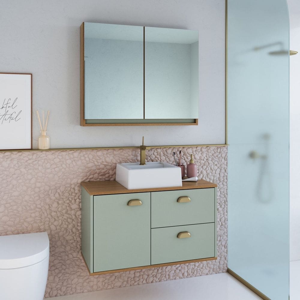 Gabinete de Banheiro 80cm 100% Mdf com Espelheira 2 Portas com Cuba Lívia Freijó/Moscatel