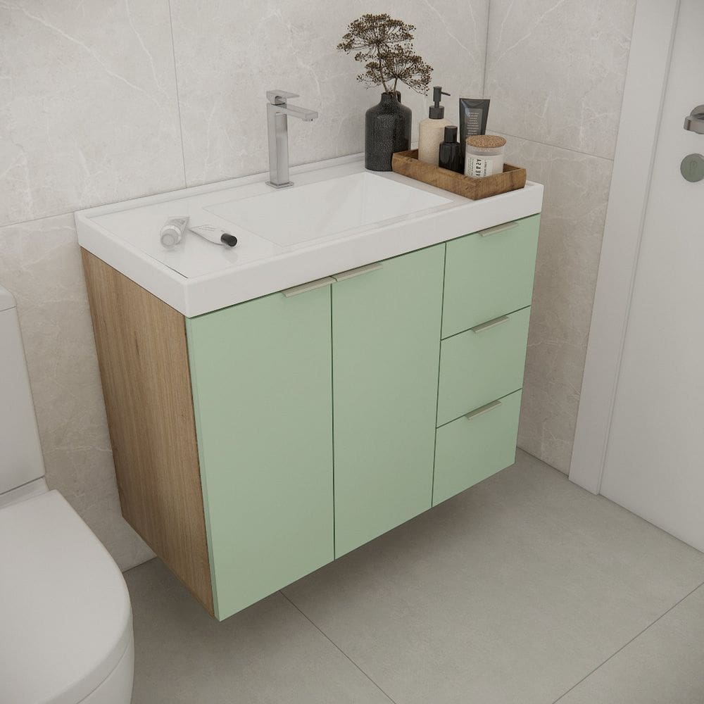 Gabinete de Banheiro Sen Cuba 79,6cm Gaveta Direita Vittare Carvalho/Verde