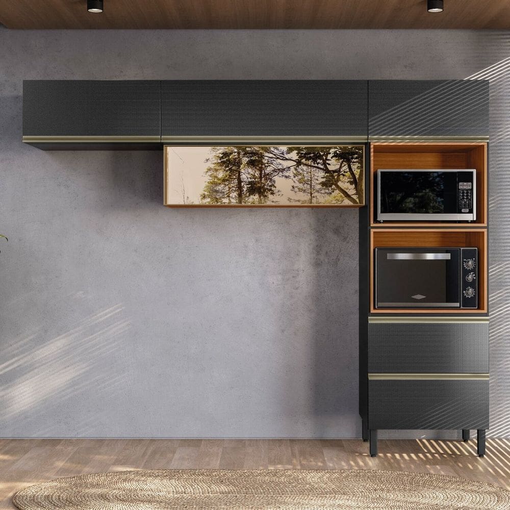 Cozinha Completa com Aéreo 3 Peças Mdf Proença Nogueira/Carbono Prime