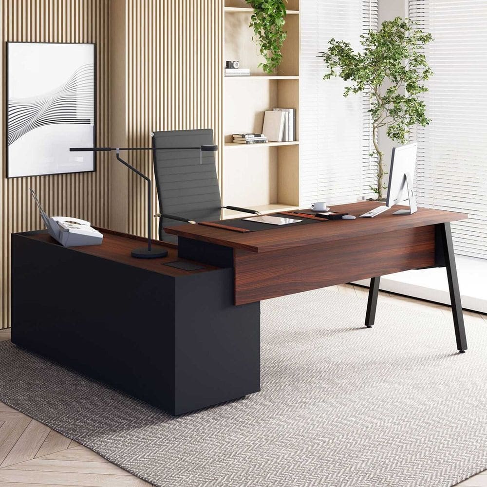 Mesa L Diretor 180cm com Armário Lateral Tampo Chanfrado Pés em Metal Industrial Executive Louro Preto / Preto