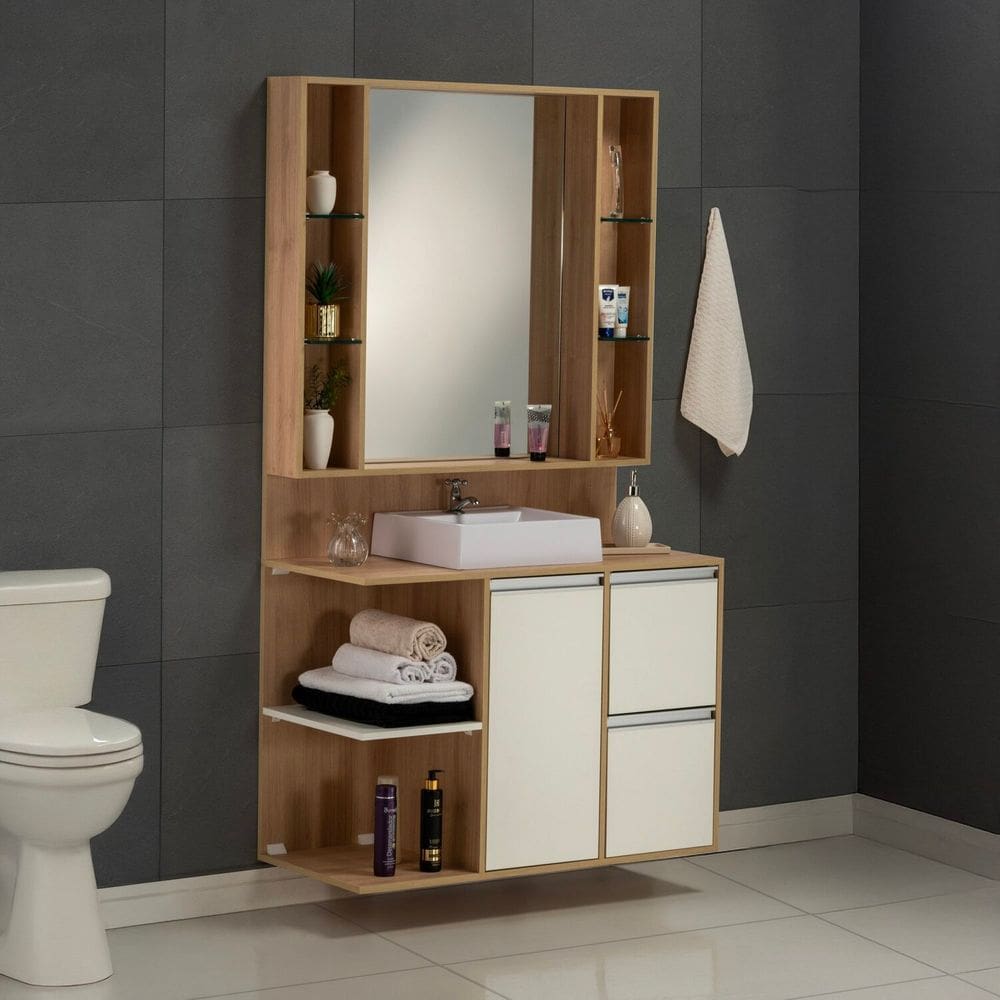 Gabinete e Espelheira Plena Premium 120cm Elite Freijó/Branco
