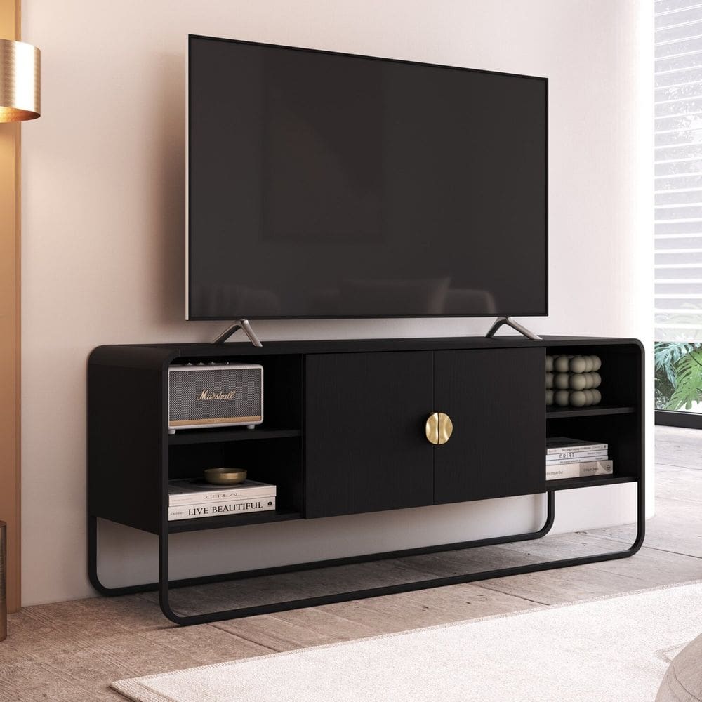Rack para Tv 55 Polegadas 150cm 2 Portas Orgânico Pé Metal Luna Nero/Preto