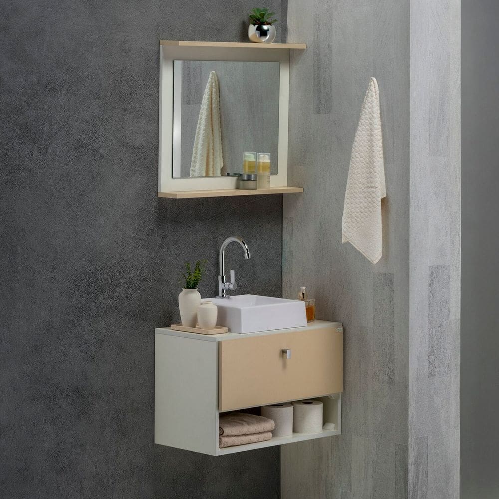 Gabinete e Espelho Suspenso 60cm Modelo 3 Meu Canto Creme/Branco