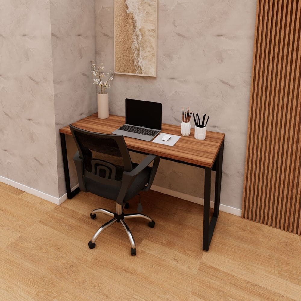 Escrivaninha Industrial 135cm X 60cm Escritório Home Office Pés em Metal Industrial Executive Nogal/Preto