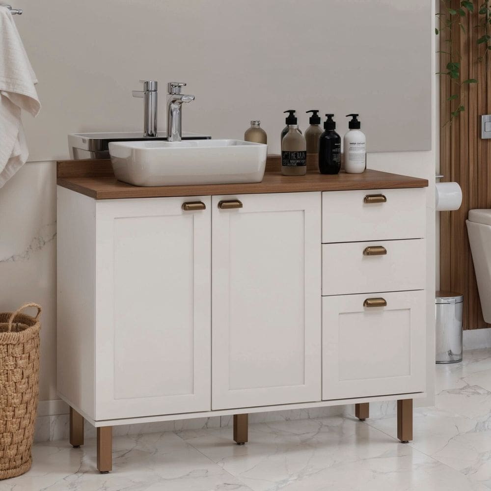 Gabinete para Banheiro 100% Mdf 2 Portas 3 Gavetas Modelo Americano Provençal Iluminata Branco/Ébano