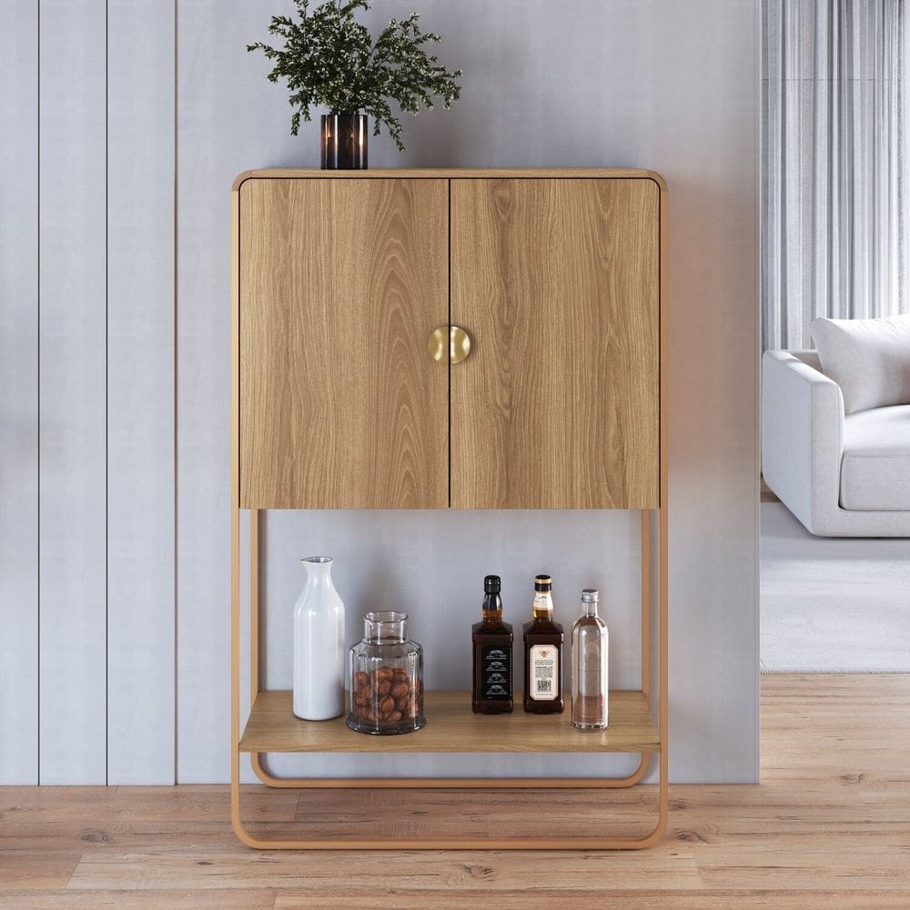 Balcão Bar 2 Portas 90cm Orgânico Pé Metal Luna Hanover/Dourado