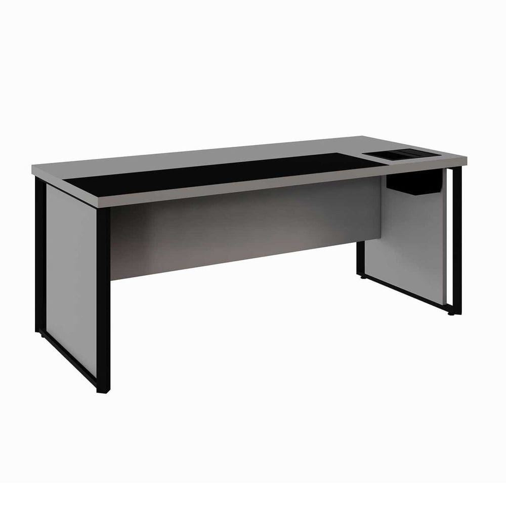 Mesa de Escritório 180cm Diretor com Caixa de Tomadas e Porta Objetos Corporate Cinza Sagrado / Preto