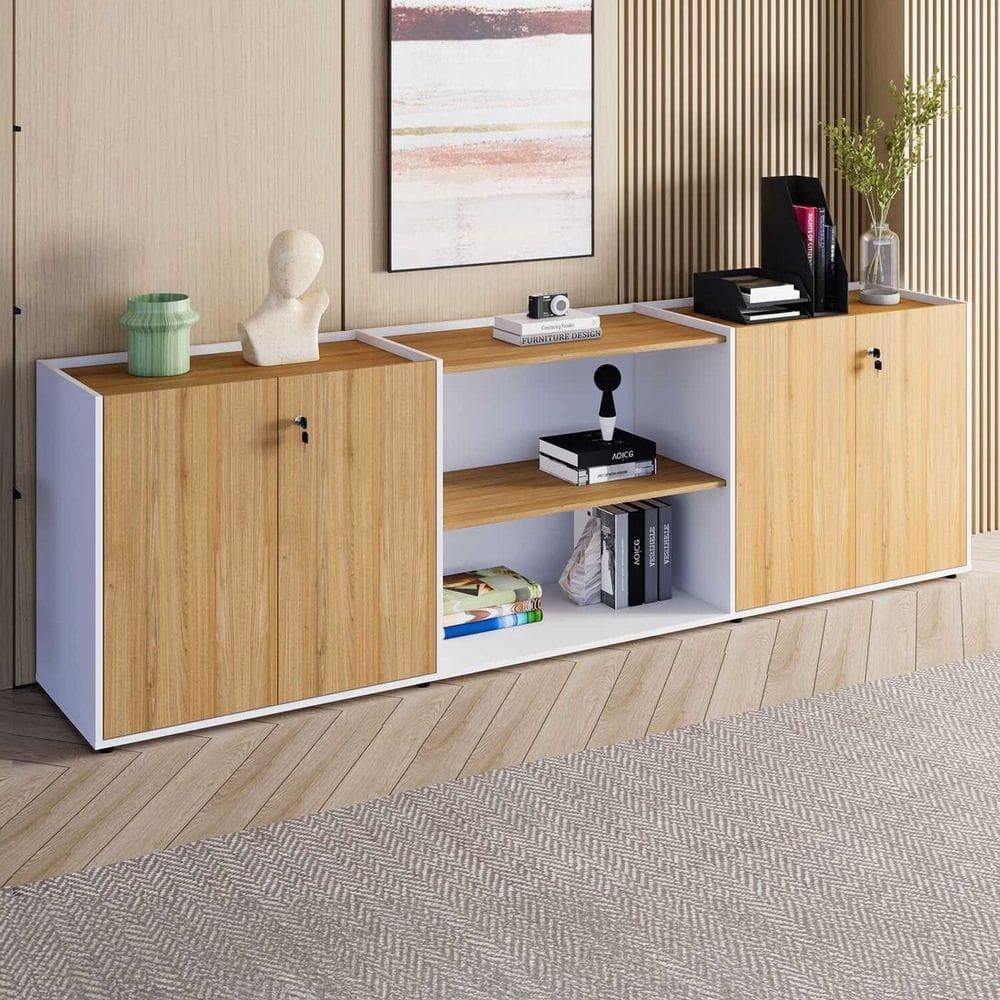 Armário para Escritório 240cm com 4 Portas Nicho e Tampo Embutido Corporate Macadâmia / Branco