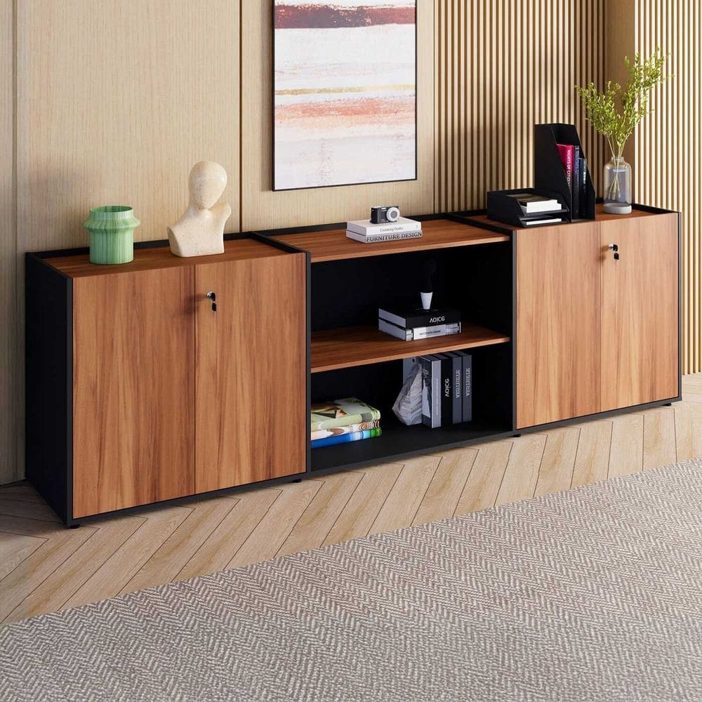 Armário para Escritório 240cm com 4 Portas Nicho e Tampo Embutido Corporate Nogal /Preto