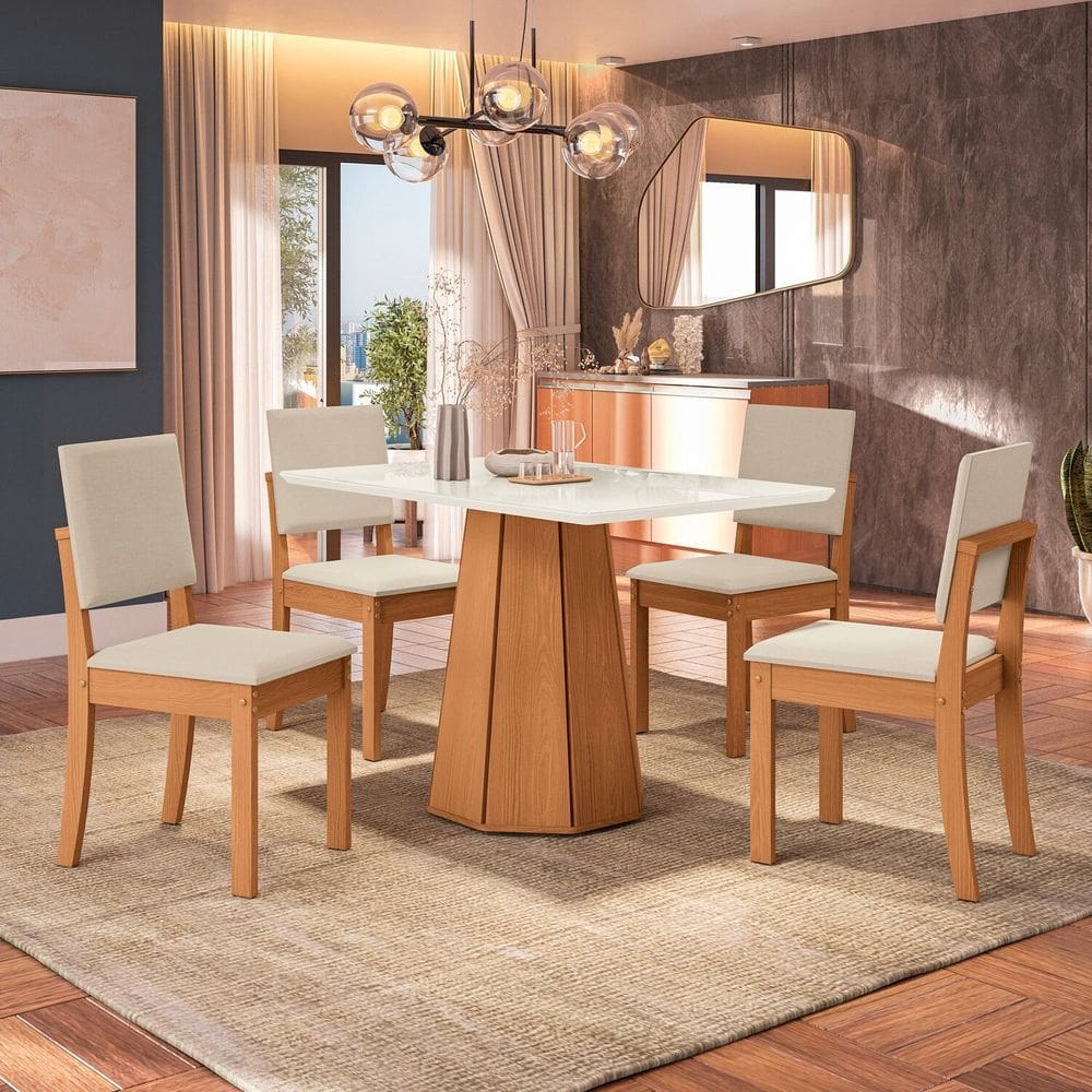 Conjunto para Sala de Jantar Mesa com 4 Cadeiras Jade Canela/Off White/Bege