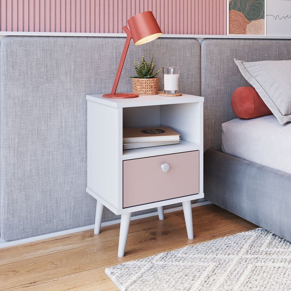 Mesa de Cabeceira Infantil 1 Gaveta Quarto Branco/Rosa