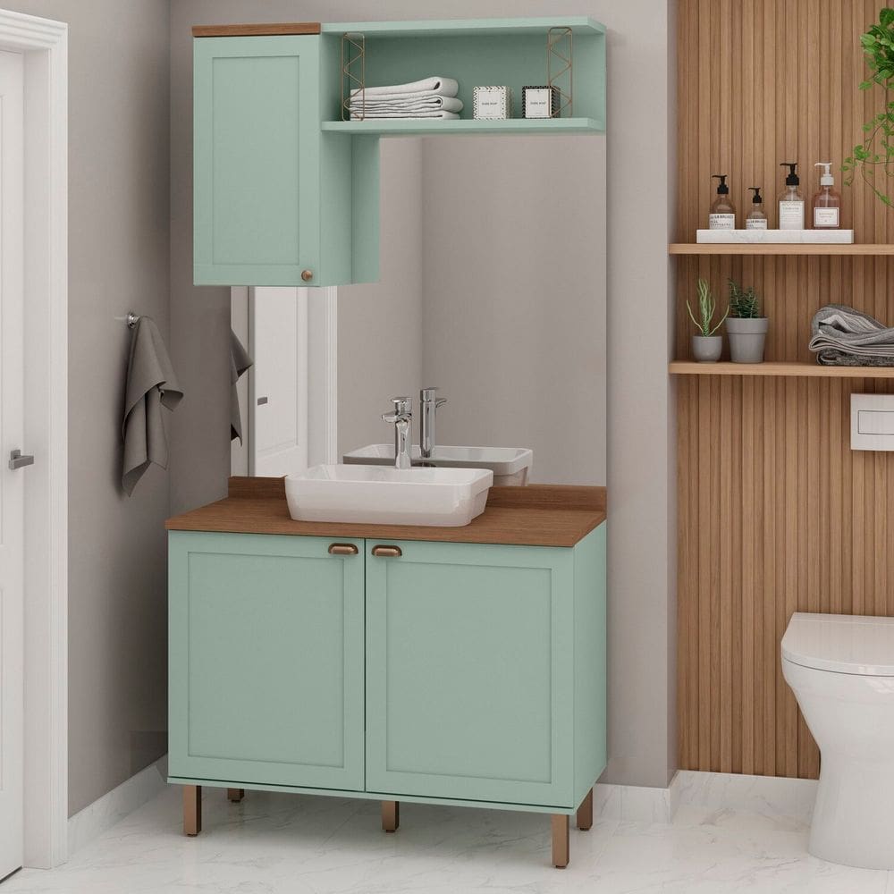 Conjunto de Banheiro Modulado 100% Mdf Americano 3 Peças Iluminata Verde Mint/Ébano