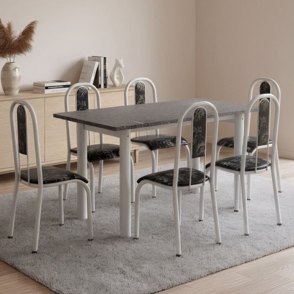 Conjunto Sala de Jantar Mesa Tubular Tampo Granito Ocre com 6 Cadeiras Fernanda Branco/Preto Floral