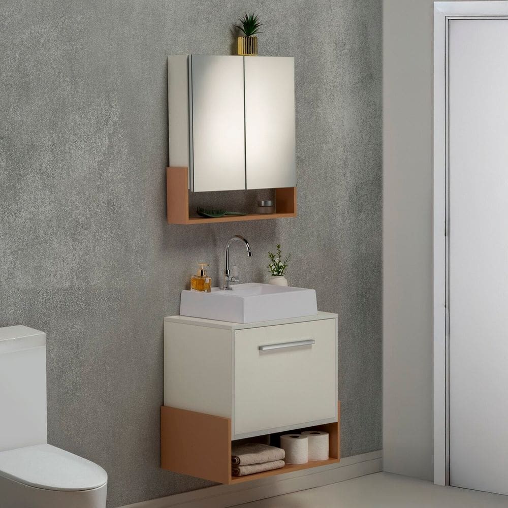 Gabinete e Espelheira 60cm Inspira Design Salmão/Branco