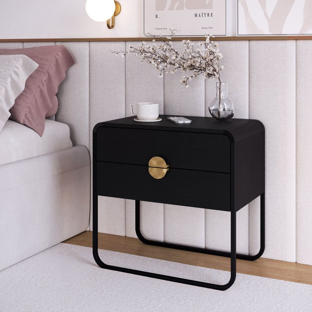 Mesa de Cabeceira 60cm 2 Gavetas Orgânica Pé Metal Luna Nero/Preto