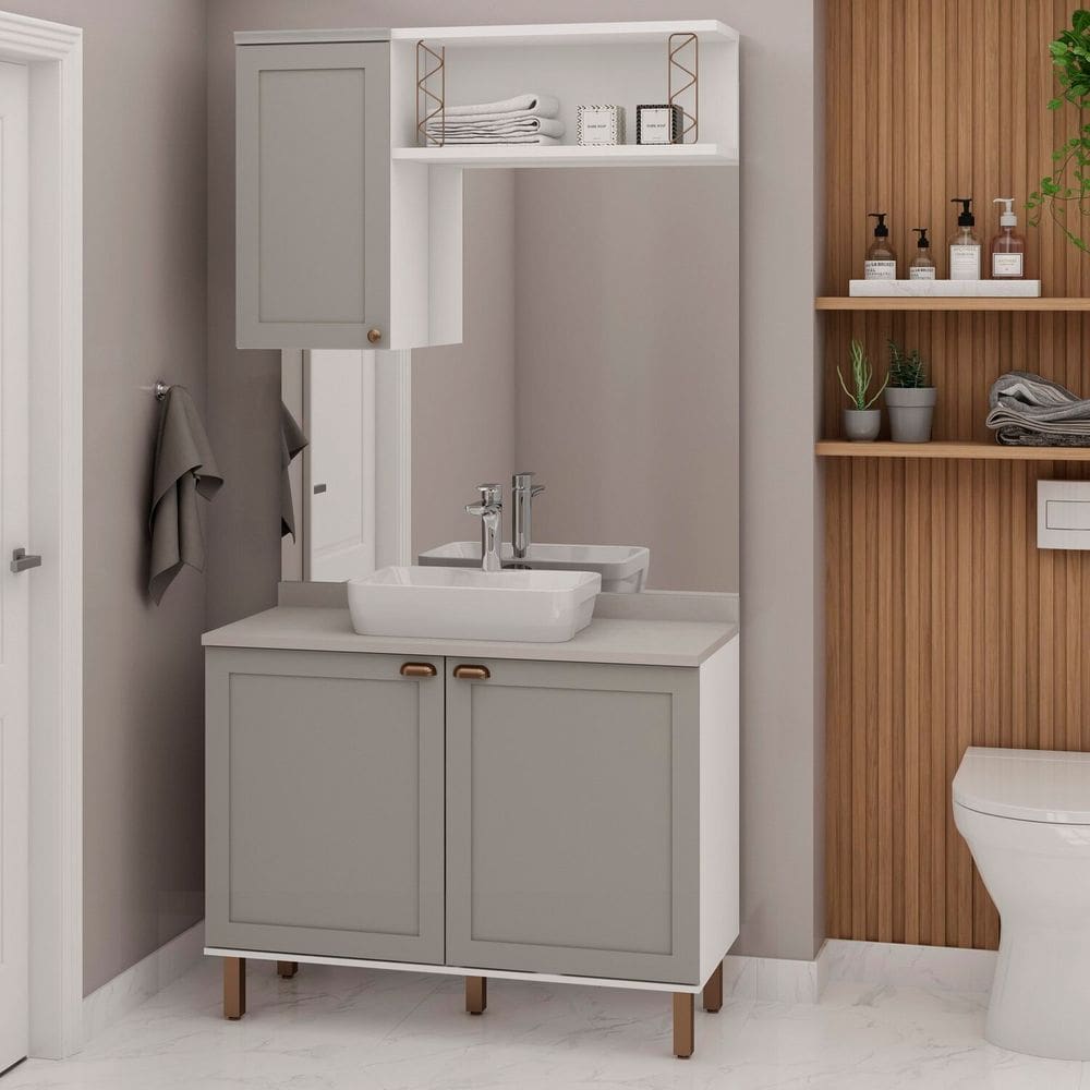 Conjunto de Banheiro Modulado 100% Mdf Americano 3 Peças Iluminata Branco/Cinza/Cinza