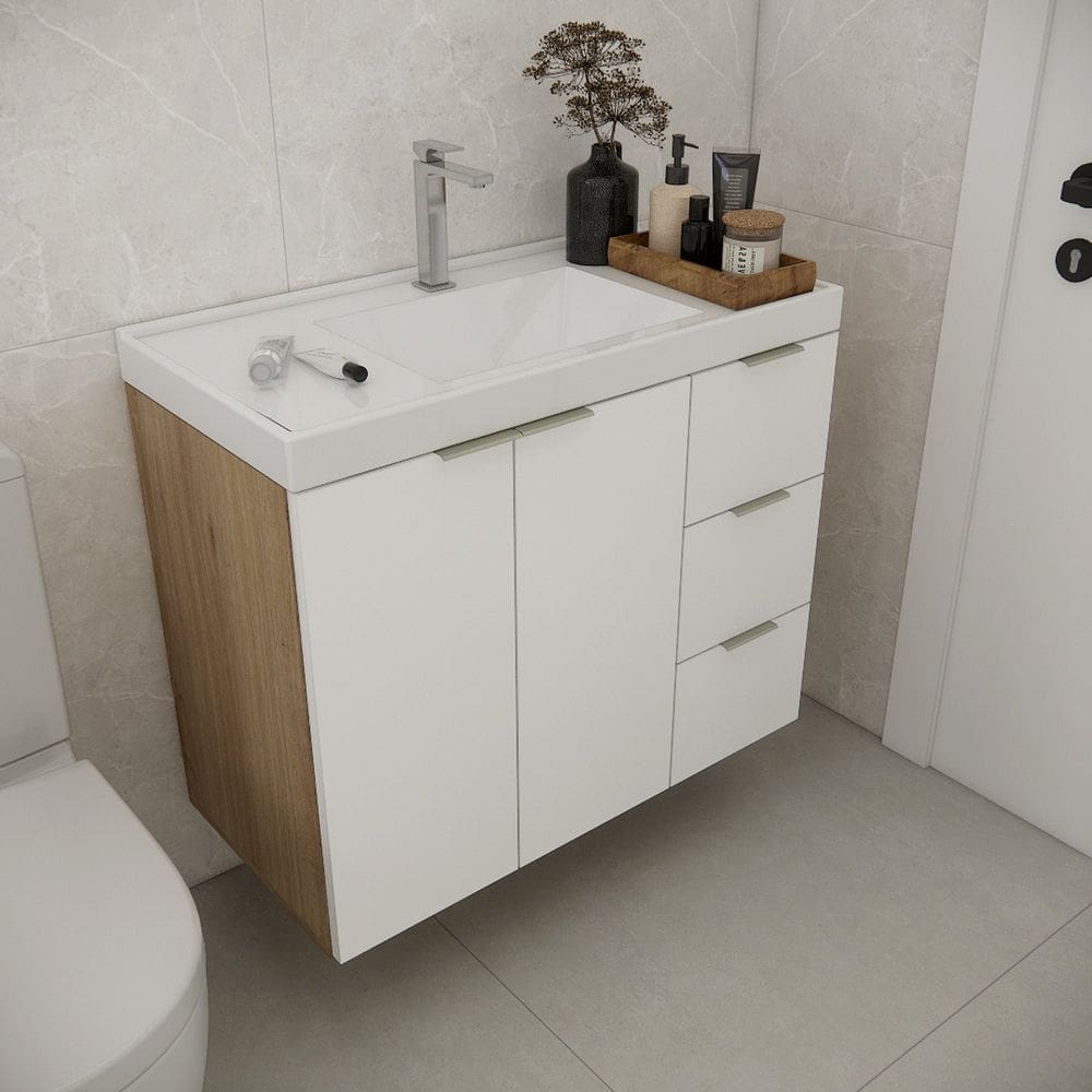 Gabinete de Banheiro com Cuba 79,6cm Gaveta Direita Vittare Carvalho/Branco