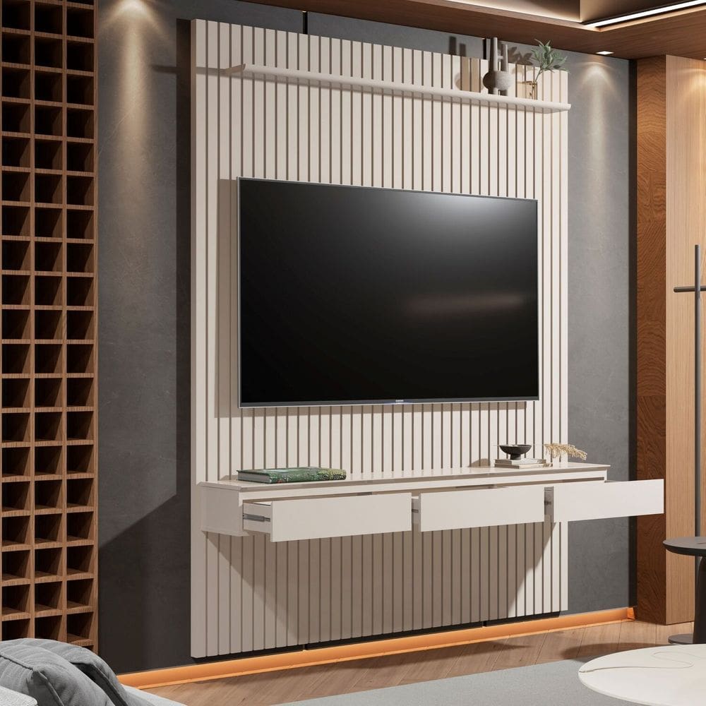 Painel Home para Tv 75 Polegadas Suspenso Ripado 3 Gavetas Colorado 1.90 Off White
