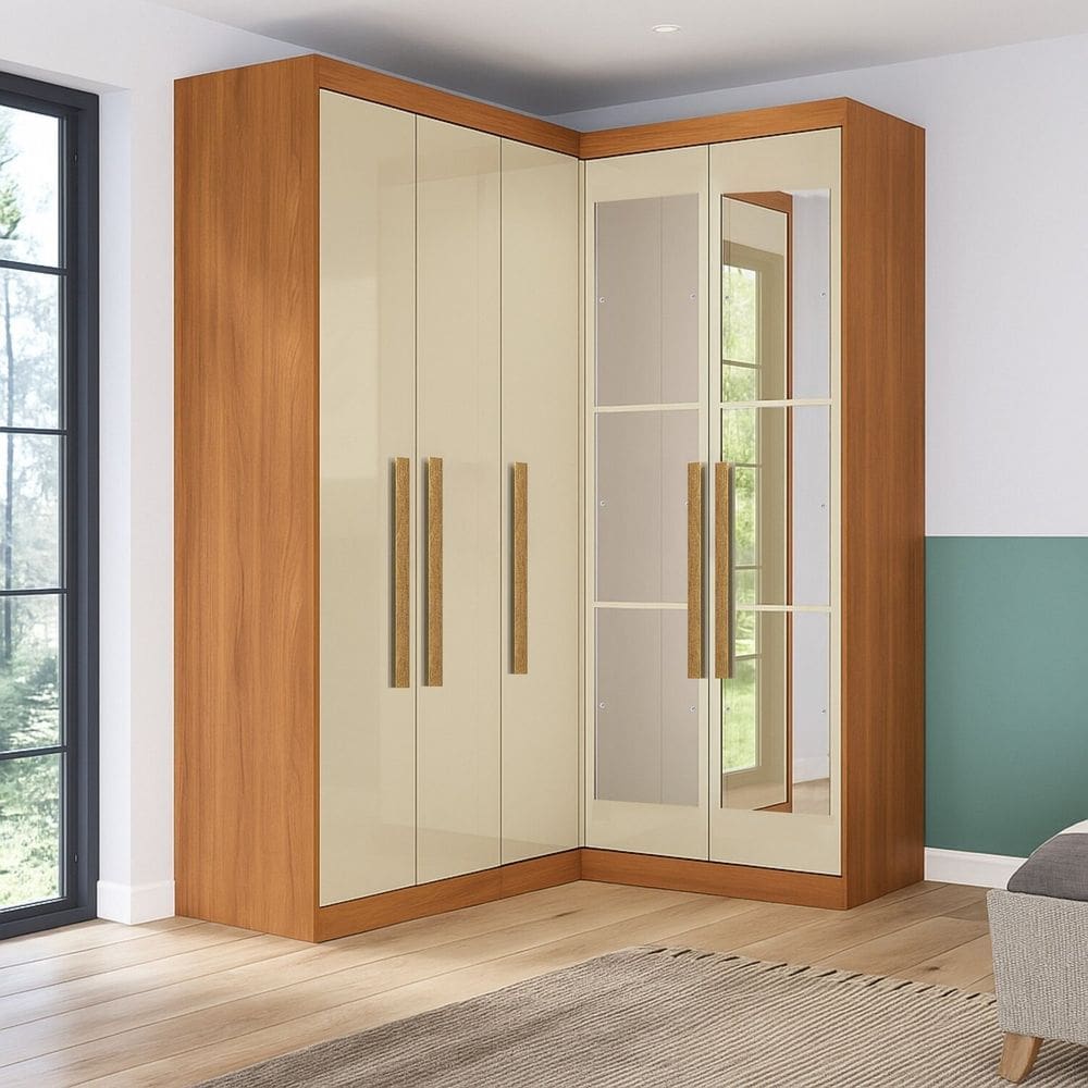 Guarda-roupa Modulação de Canto com Puxadores Mdf com Espelho Paris Cinamomo/Off White