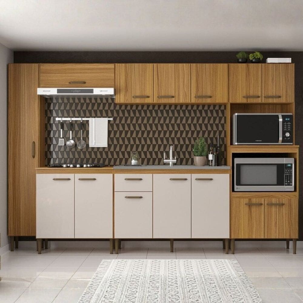 Cozinha Compacta 6 Peças 120cm X 200cm Berlim Ipê/Cristalo