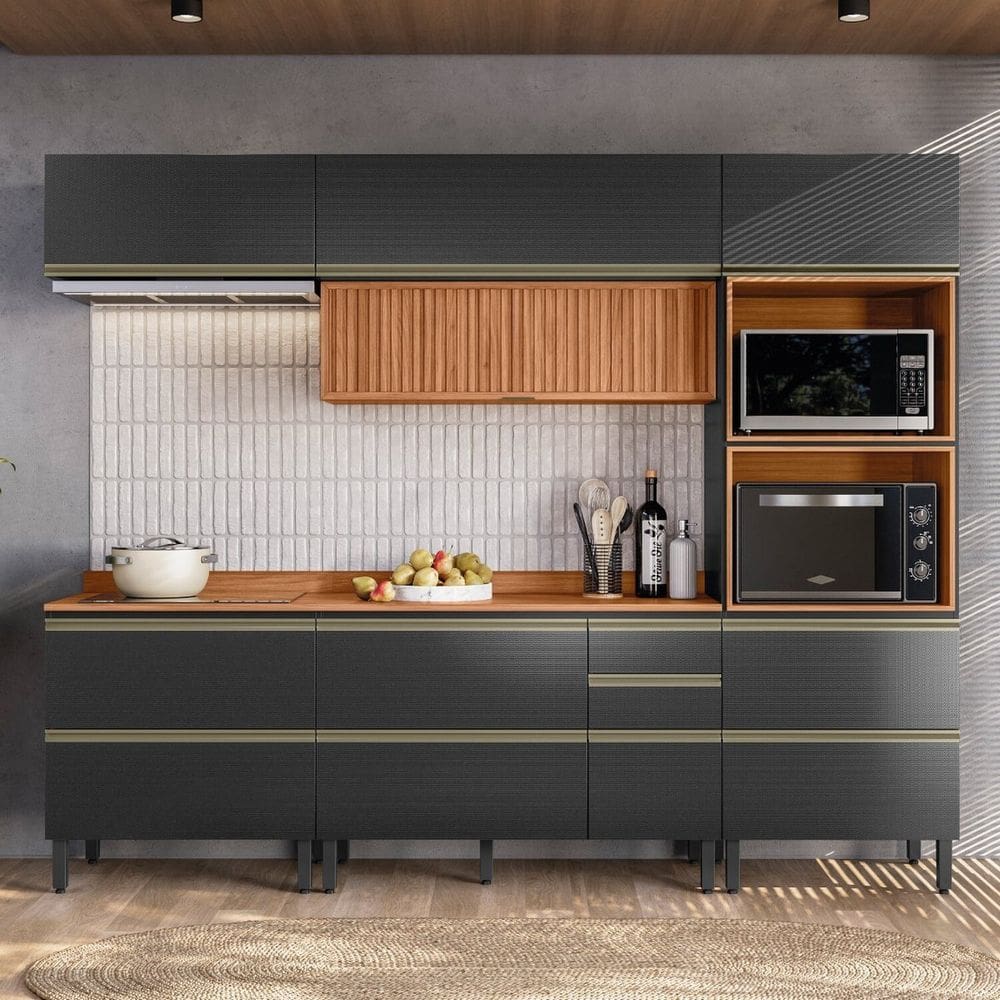 Cozinha Completa com Aéreo 5 Peças Mdf Proença Nogueira/Carbono Prime