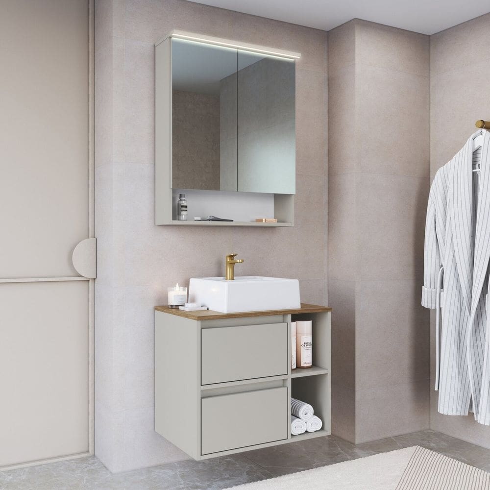 Conjunto para Banheiro Gabinete Suspenso 60cm com Cuba Espelheira com Led Arenas