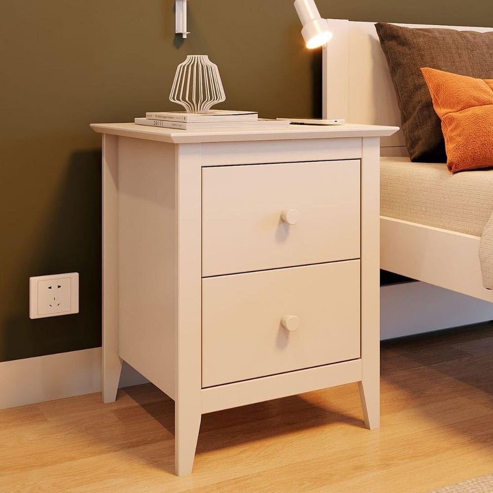 Mesa de Cabeceira 2 Gavetas em Madeira Maciça Nest Branco