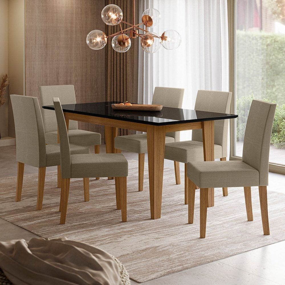 Conjunto Sala de Jantar Mesa Retangular Liz com Vidro 160cm 6 Cadeiras Josi Carvalho/Grafite/Preto