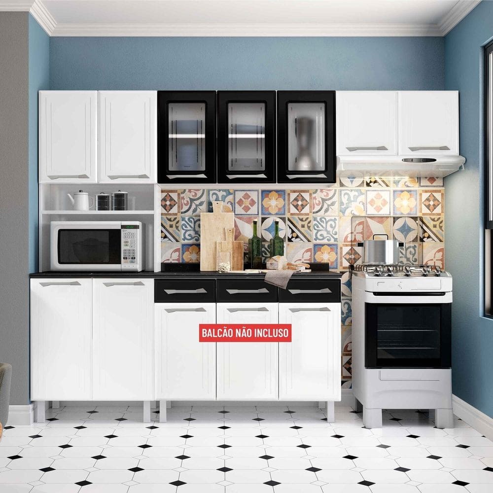 Armário de Cozinha de Aço com Vidro 3 Peças Topázio Branco/Preto