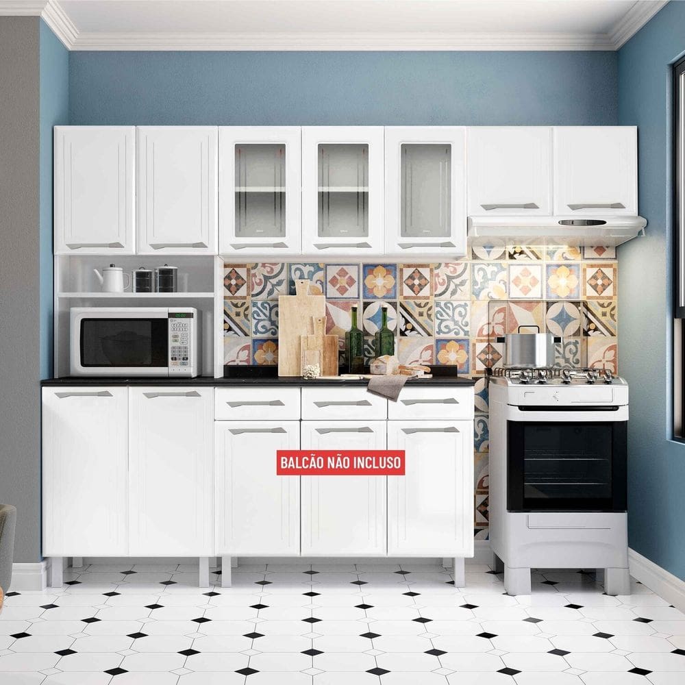 Armário de Cozinha de Aço com Vidro 3 Peças Topázio Branco