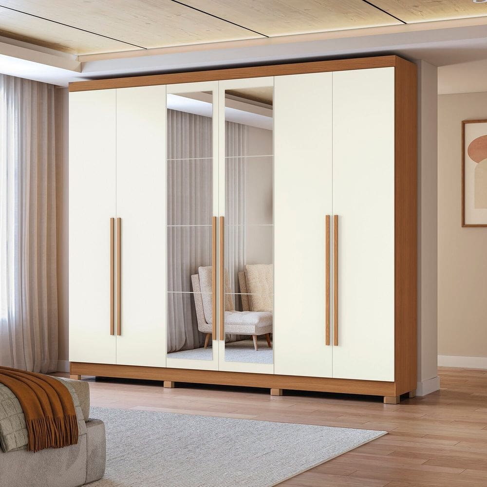 Guarda-roupa 6 Portas e 3 Gavetas com Espelhos e Pés Dormitorio Bigger Lo Canela/Off Withe