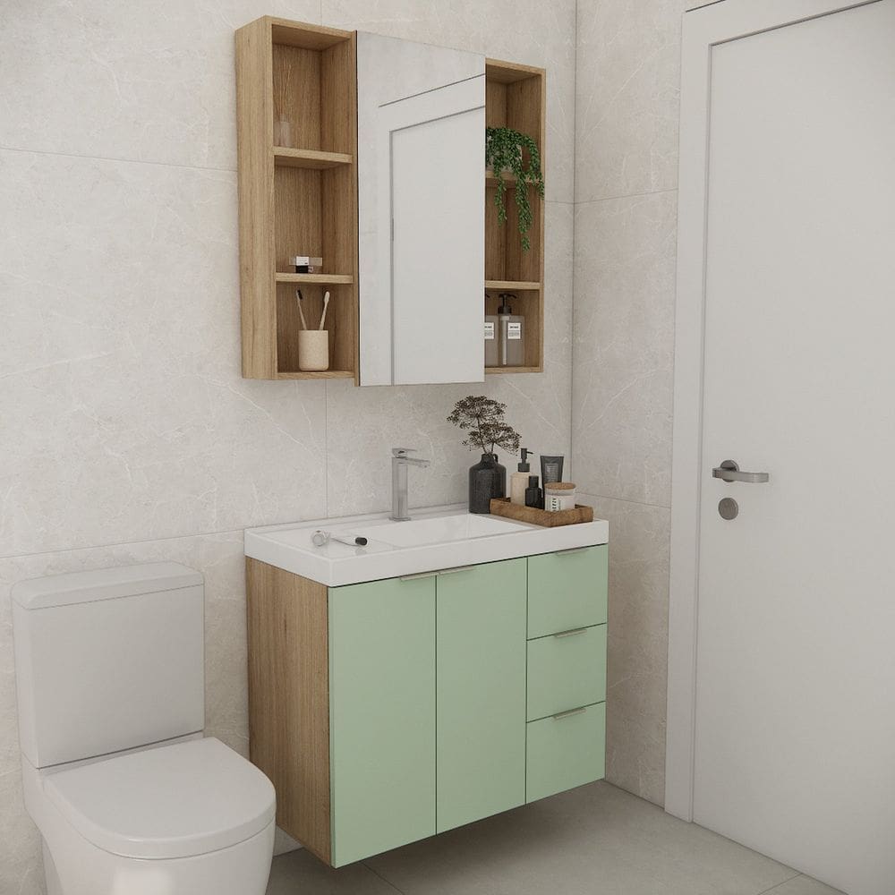 Conjunto de Banheiro com Cuba 80cm Gaveta Direita Vittare Carvalho/Verde