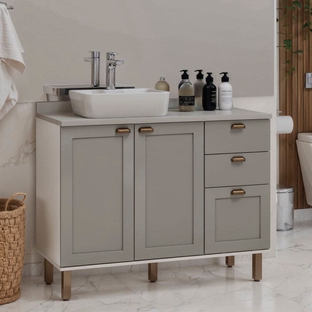 Gabinete para Banheiro 100% Mdf 2 Portas 3 Gavetas Modelo Americano Provençal Iluminata Branco/Cinza/Cinza