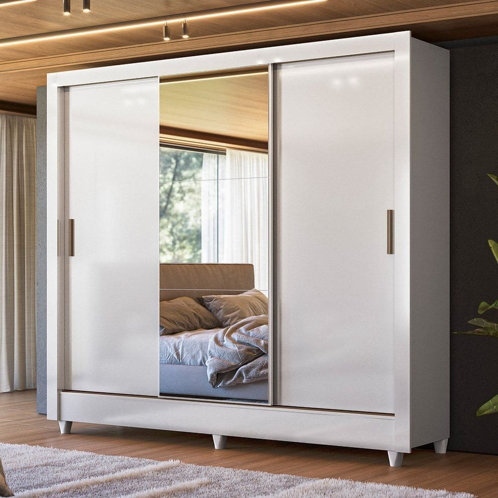 Guarda-roupa 3 Portas de Correr com Espelho Roma Branco