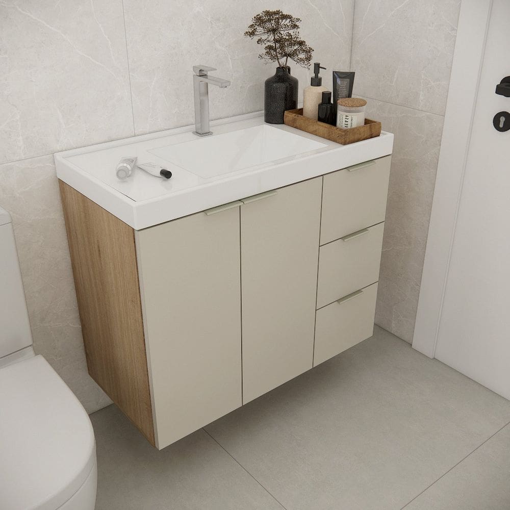 Gabinete de Banheiro sem Cuba 79,6cm Gaveta Direita Vittare Carvalho/Nude