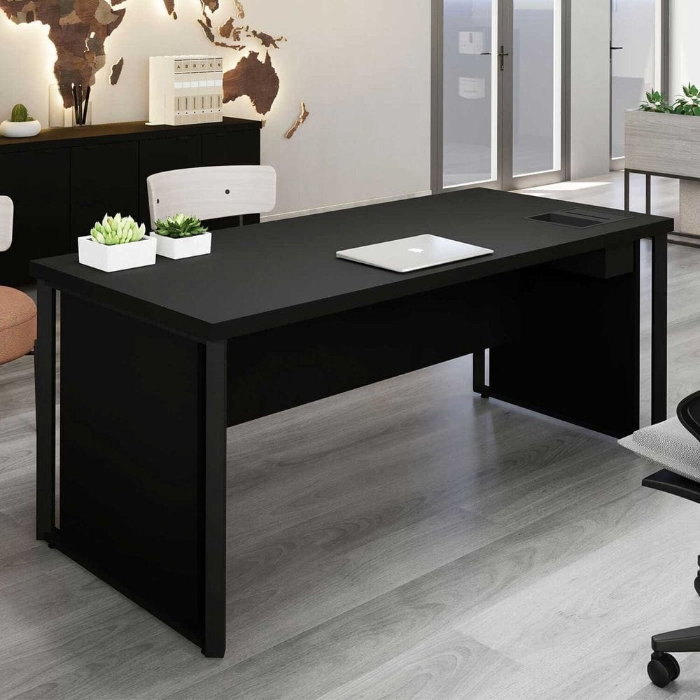 Mesa de Escritório 180cm Diretor com Caixa de Tomadas e Porta Objetos Corporate Preto