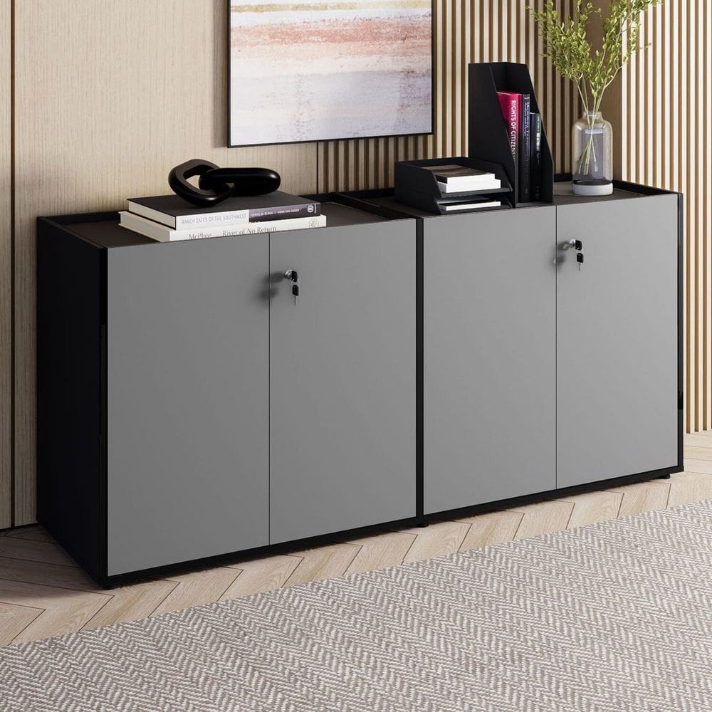 Armário Baixo 158,5cm Duplo com 4 Portas Tampo Embutido Corporate Cinza Sagrado / Preto