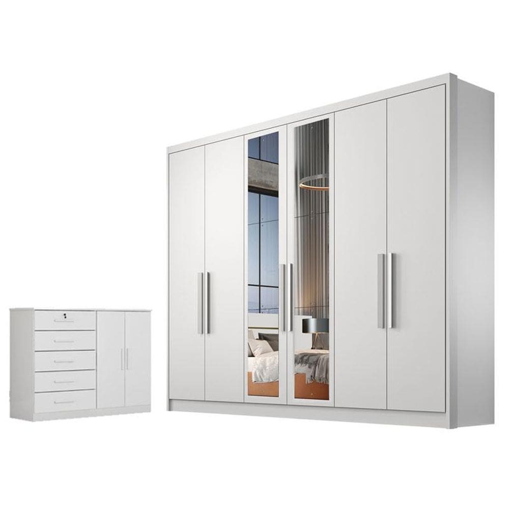 Guarda Roupa Casal Linea com Espelho e Cômoda Seul Neve - Novo Horizonte