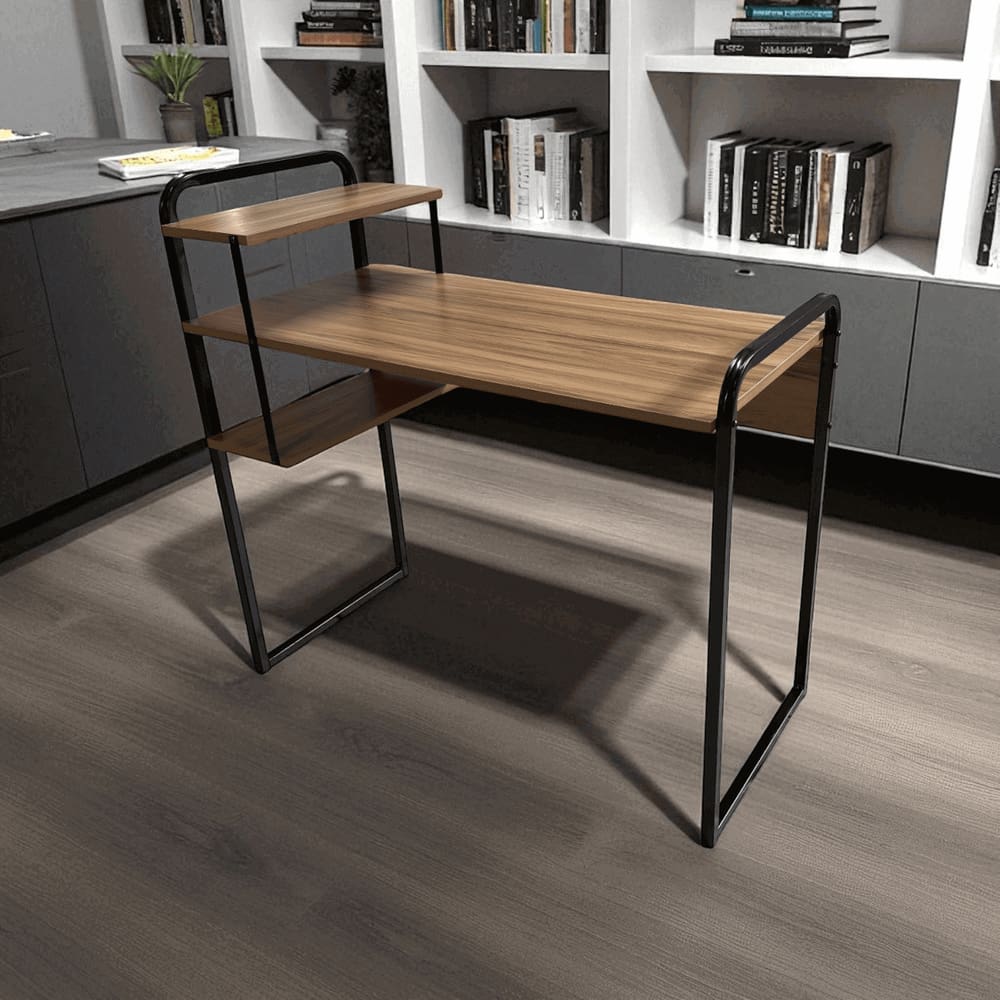Mesa Estante Home Office 2 Prateleiras 95cm Nogal/Preto